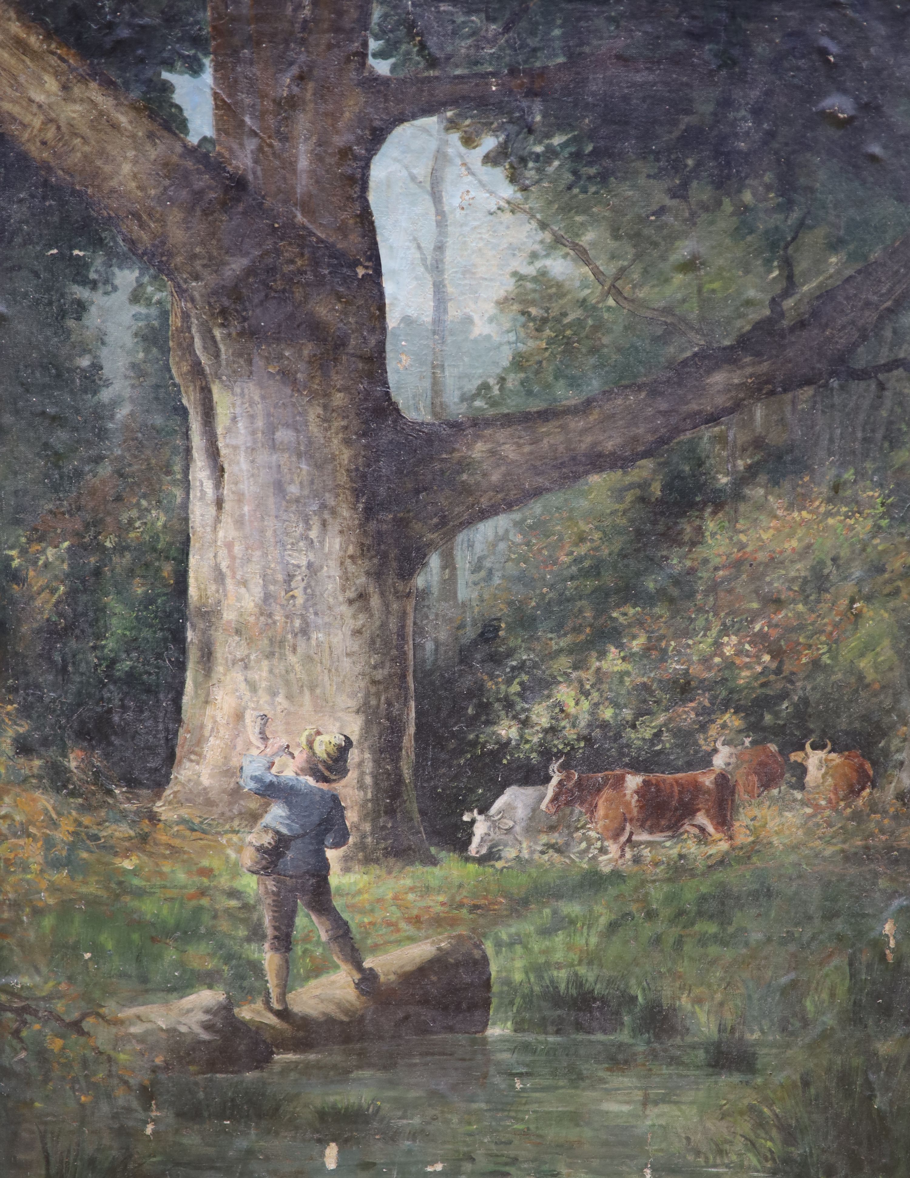 19th century European school, study of cattle below an ancient tree, a young boy sounding a horn stands beside a pond to the foreground, oil on canvas, unsigned, unframed